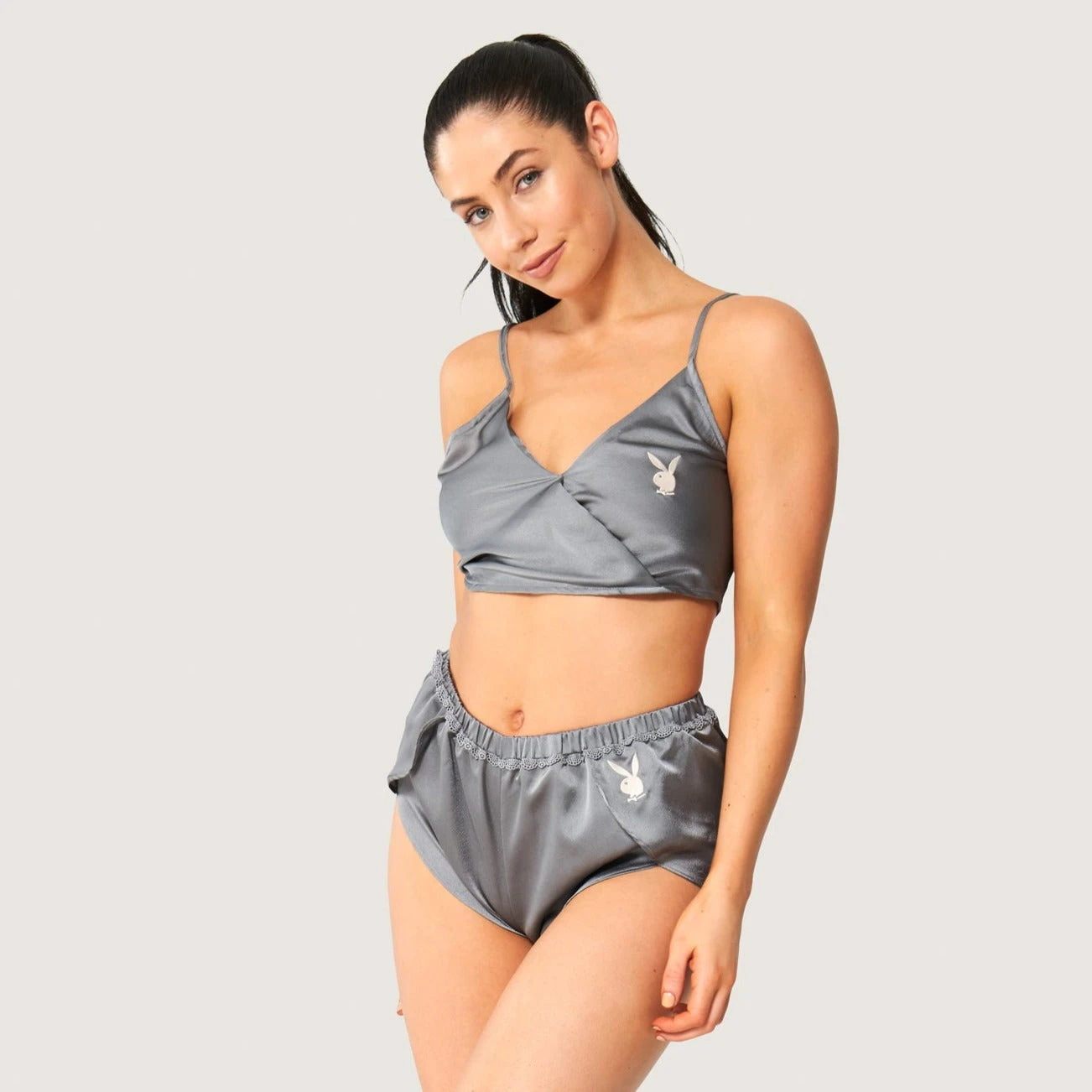 Women's Lounge Satin Cami & Short Set - Grey 4 Women's Lounge Satin Cami & Short Set - Grey - Image 2