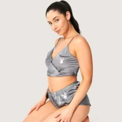 Women's Lounge Satin Cami & Short Set - Grey 16 Women's Lounge Satin Cami & Short Set - Grey -Fashion Clothing Store Playboy MG Lounge Satin Cami Short Set Slate Grey 2352